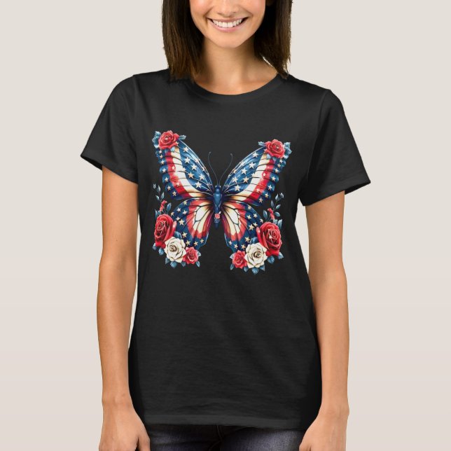 Patriotisk amerikansk Flagga Butterfly och Flowers T Shirt (Framsida)
