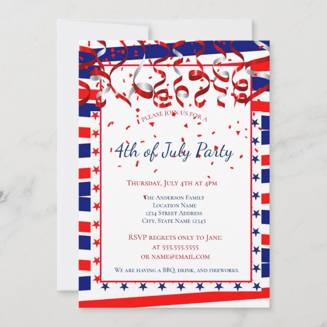 Patriotisk amerikansk flagga för fjärde juli inbjudningar (Framsida)