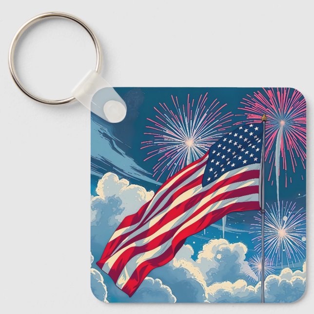 Patriotisk amerikansk Flagga med Fireworks - 4 jul Nyckelring (Framsida)