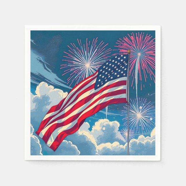 Patriotisk amerikansk Flagga med Fireworks - 4 jul Pappersservett (Framsidan)