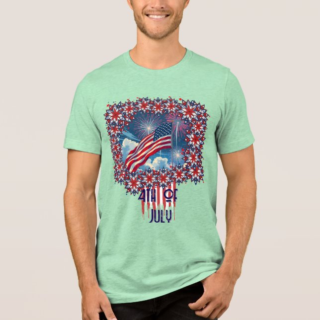 Patriotisk amerikansk Flagga med Fireworks - 4 jul T Shirt (Framsida)