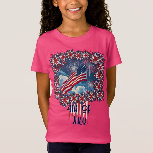 Patriotisk amerikansk Flagga med Fireworks - 4 jul T Shirt (Framsida)