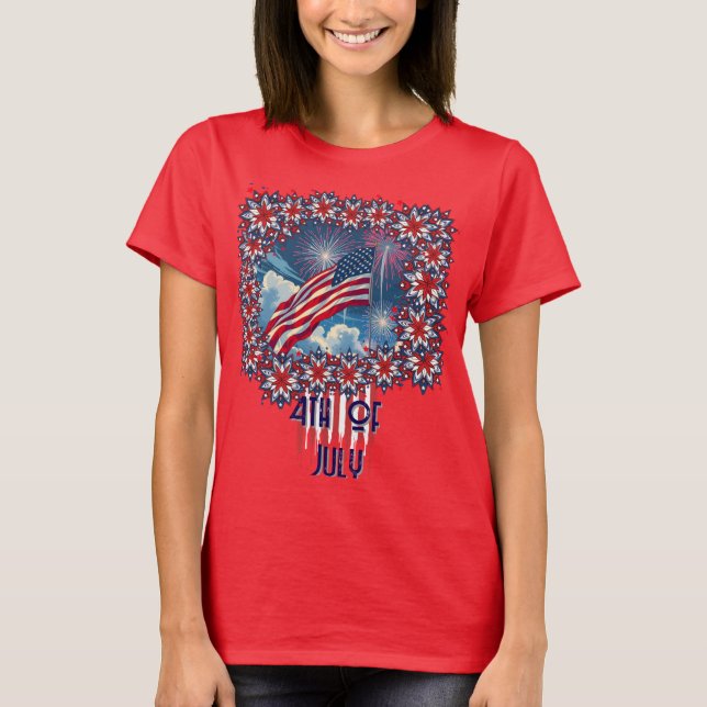Patriotisk amerikansk Flagga med Fireworks - 4 jul T Shirt (Framsida)