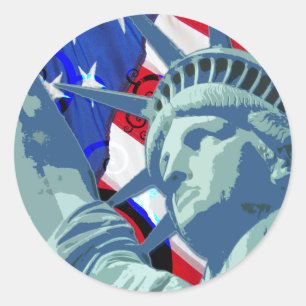 Patriotisk amerikansk Flagga och Frihetsgudinnan Runt Klistermärke