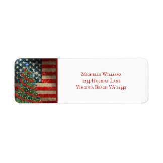 Patriotisk amerikansk Flagga och Julgran Adress Returadress Etikett