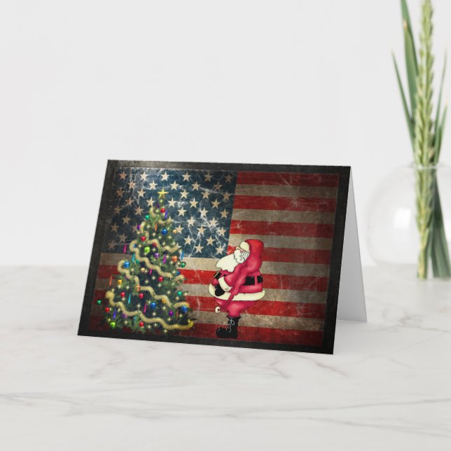 Patriotisk amerikansk Flagga, Santa och Julgran Helgkort (Framsida)