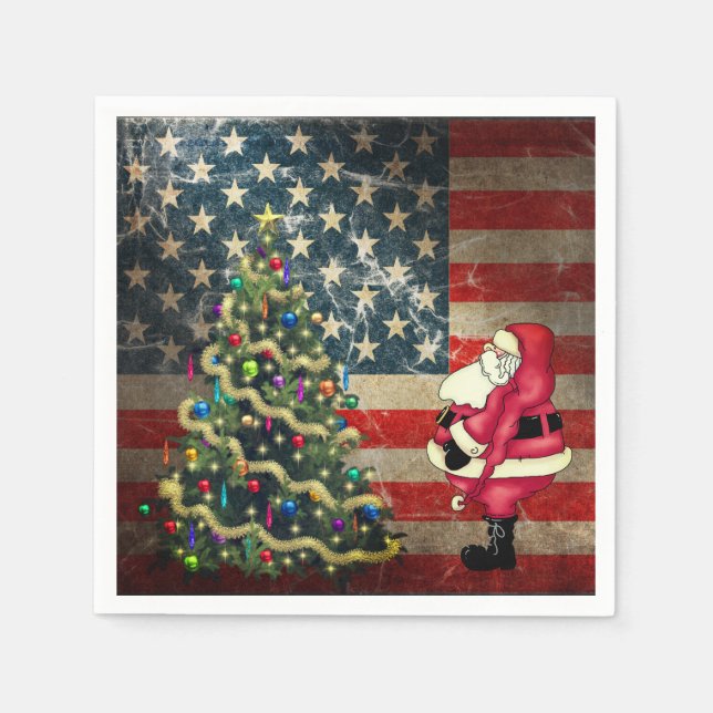 Patriotisk amerikansk Flagga, Santa och Julgran Pappersservett (Framsidan)