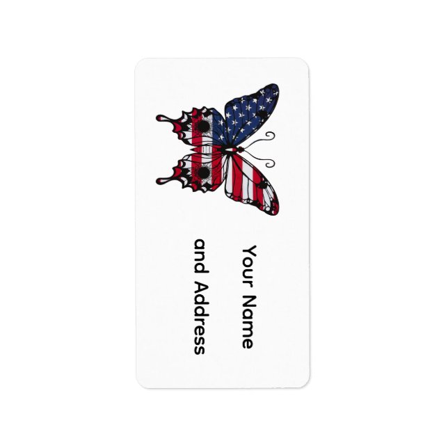 Patriotisk amerikansk flaggfjäril adressetikett (Framsidan)