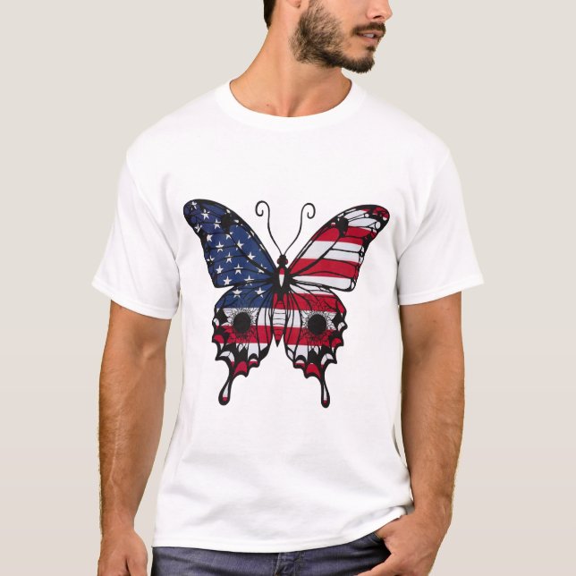 Patriotisk amerikansk flaggfjäril t shirt (Framsida)