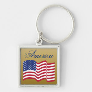 Patriotisk amerikansk flaggnyckelring  fyrkantig silverfärgad nyckelring