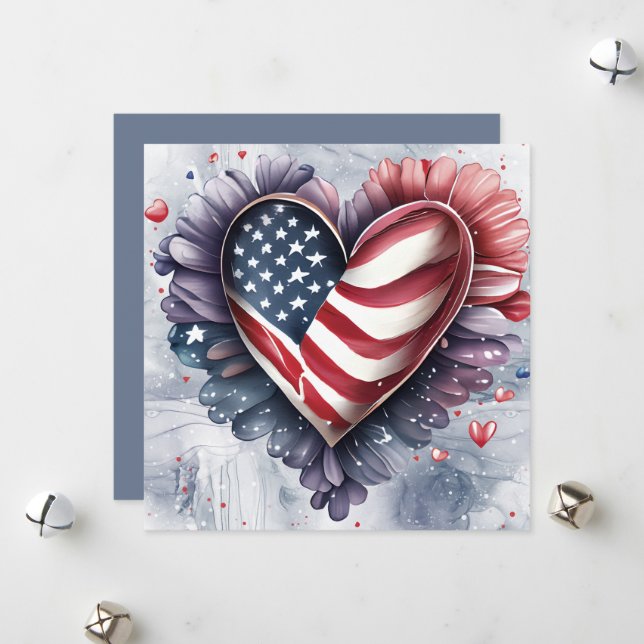 Patriotisk amerikansk hjärta konst blommor julkort (Fram/Back In Situ)