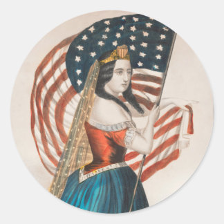 Patriotisk amerikansk kvinna | Amerikansk flagga | Runt Klistermärke