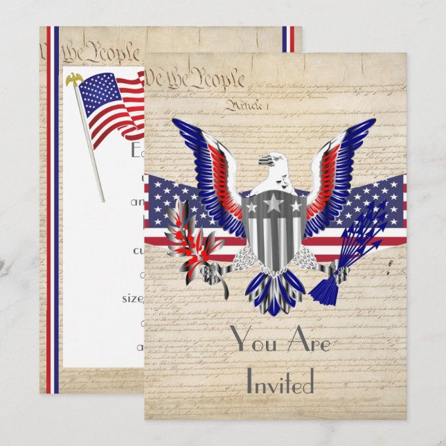 Patriotisk amerikansk örn, flagga och konstitution inbjudningar (Fram/baksida)
