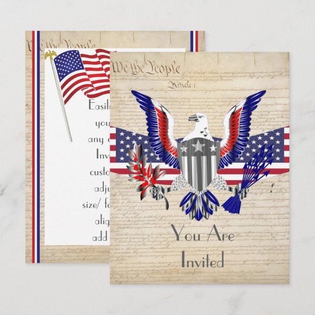 Patriotisk amerikansk örn, flagga och konstitution inbjudningar (Fram/baksida)