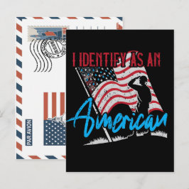 Patriotisk amerikansk soldat som hälsar flaggan helg vykort
