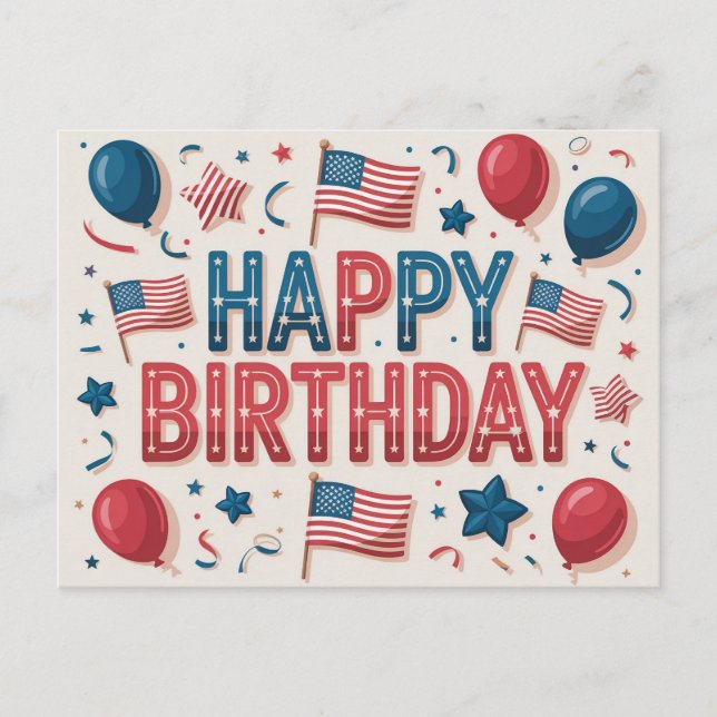 Patriotisk amerikansk tema glad födelsedag hälsnin vykort (Framsida)