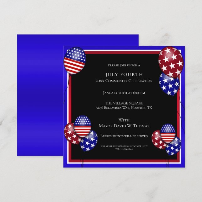 Patriotisk ballongdekorerad 4 juli inbjudningar (Fram/baksida)
