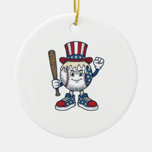 Patriotisk basebollmaskot vinjett gravyr design julgransprydnad keramik