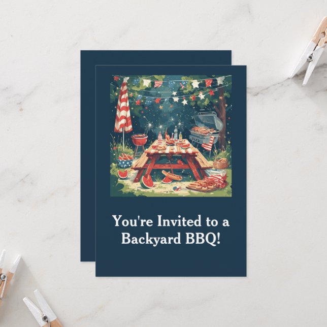 Patriotisk BBQ-scen i trädgården – 4:e juli grillf Inbjudningar (Fram/Back In Situ)