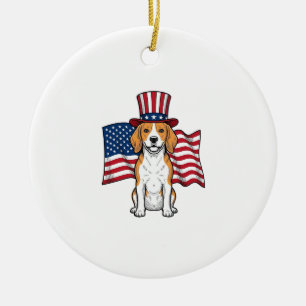 Patriotisk Beagle Hund Flagga Vintage Gravyr Desig Julgransprydnad Keramik
