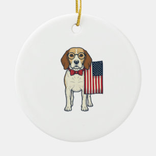Patriotisk Beagle med Flagga Vintage Vektor Art_1 Julgransprydnad Keramik