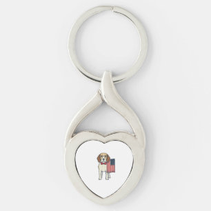 Patriotisk Beagle med Flagga Vintage Vektor Konst_ Twisted Heart Silverfärgad Nyckelring