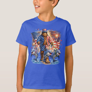 Patriotisk Bigfoot Gående Dolfiner Rolig Fjärde Ju T Shirt