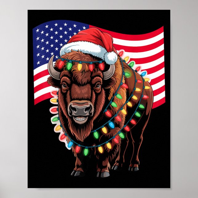 Patriotisk Bison Buffel Jul Usa Flagga Högtid Poster (Framsidan)