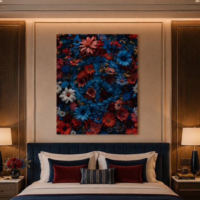 Patriotisk blommig fredssymbolaffisch poster (Luxury boutique hotel bedroom with vibrant floral art above the bed, timeless elegance.)