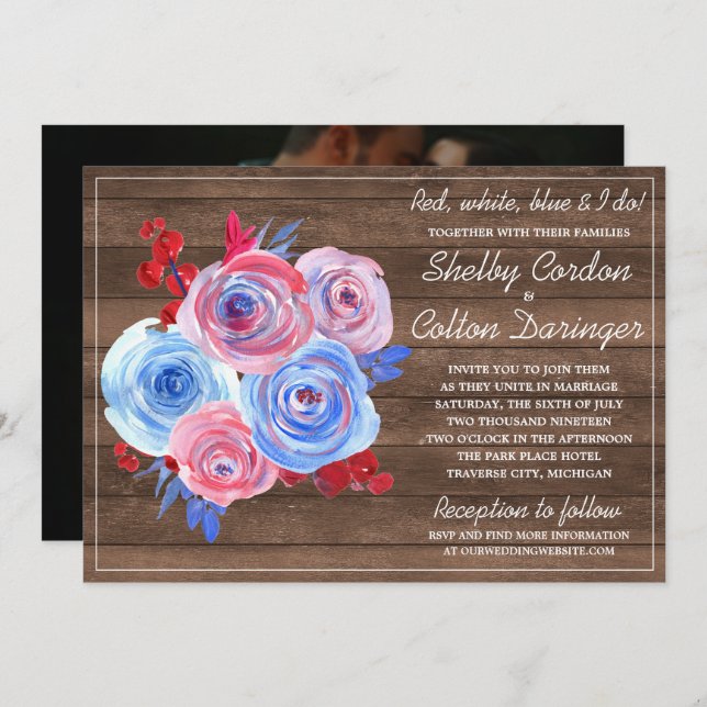 Patriotisk Blommigt Fjärde juli Foto Bröllop Inbjudningar (Fram/baksida)