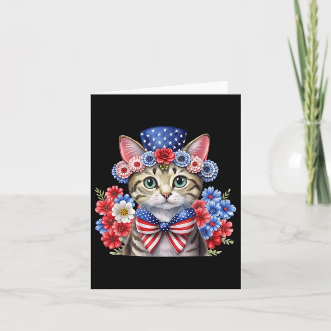 Patriotisk Blommigt Katt 4:e juli Rött vitt blått Kort (Framsida)