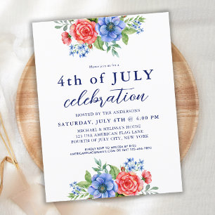Patriotisk Blommigt Rött vitt blått 4 juli Party Inbjudan Vykort