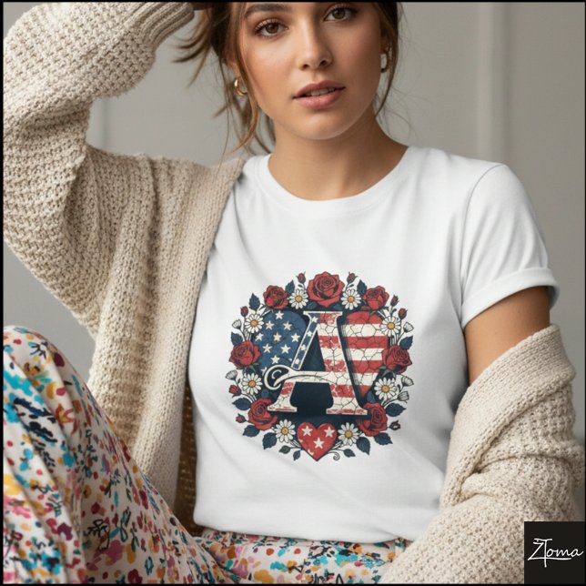 Patriotisk blomstermönstrad bokstav A kransdesign T Shirt (Sample design. Several style are available to choose from, with the option to add a name & color.
)