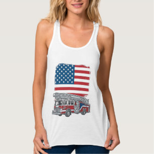 Patriotisk brandbil amerikansk flagga vintage skjo linne med racerback 