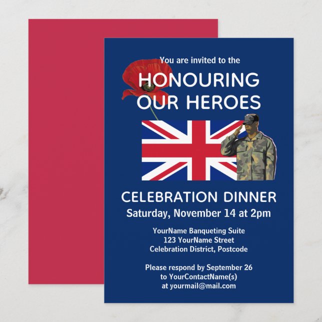 Patriotisk brittisk UK-flagg veteranmiddag Inbjudningar (Fram/baksida)