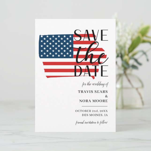Patriotisk bröllopsdestination i amerikanska delst spara datumet (Stående Fram)