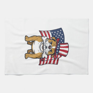 Patriotisk Bulldog Med Flagga Vektordesign_1 Kökshandduk