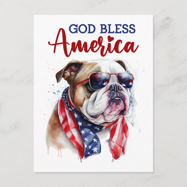 Patriotisk Bulldogg, Gud välsigne Amerika Postkort Vykort (Framsida)