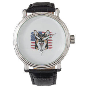 Patriotisk Corgi Amerikansk Flagga Vintage Vektor  Armbandsur