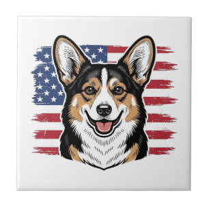 Patriotisk Corgi Amerikansk Flagga Vintage Vektor  Kakelplatta