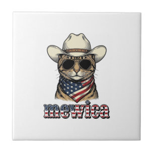 Patriotisk Cowboy Katt Mewica Vintage Vektor Desig Kakelplatta