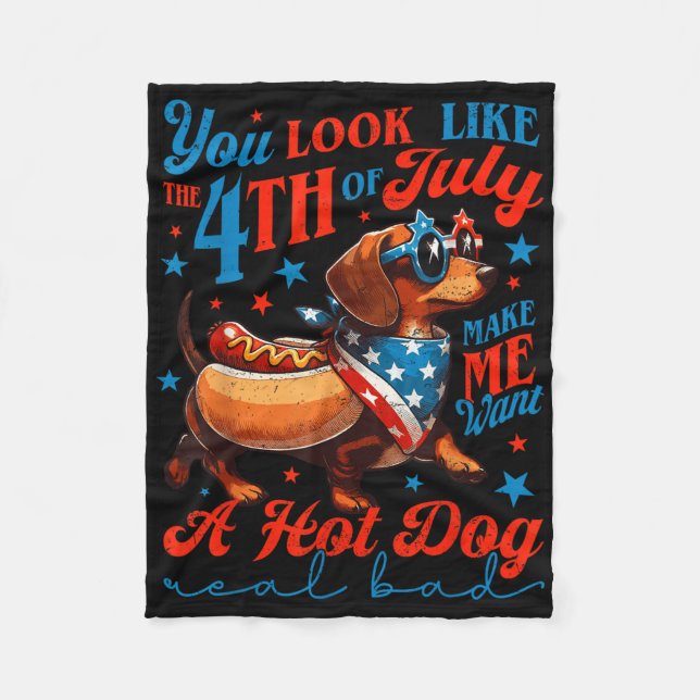 Patriotisk Dachshund Fjärde Juli 4:e Flagga Söt H Fleecefilt (Framsidan)