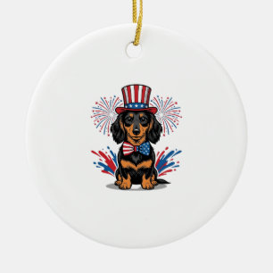 Patriotisk Dachshund Fyrverkerier Vintage Vektor A Julgransprydnad Keramik