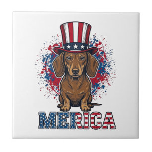 Patriotisk Dachshund Merica Vintage Hund T-Shirt_1 Kakelplatta