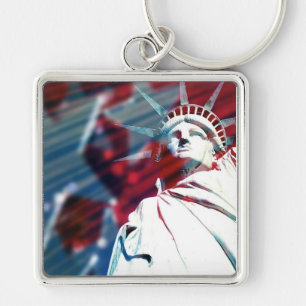 Patriotisk design för USA frihetsgudinnanflagga Fyrkantig Silverfärgad Nyckelring