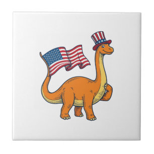 Patriotisk Dinosaurie Flagga Vintage Gravyr T-Shir Kakelplatta