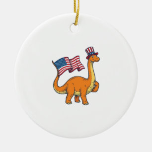 Patriotisk Dinosaurie Flagga Vintage Gravyr Tröja_ Julgransprydnad Keramik