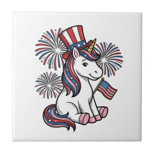 Patriotisk Enhörning Fyrverkeri Tröja Design_1 Kakelplatta