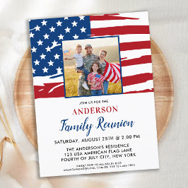 Patriotisk familjesammankomst Amerikansk flaggfoto Inbjudan Vykort