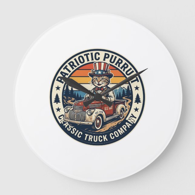 Patriotisk Farbror Sam Katt Retro Solnedgång T-Shi Stor Klocka (Framsida)